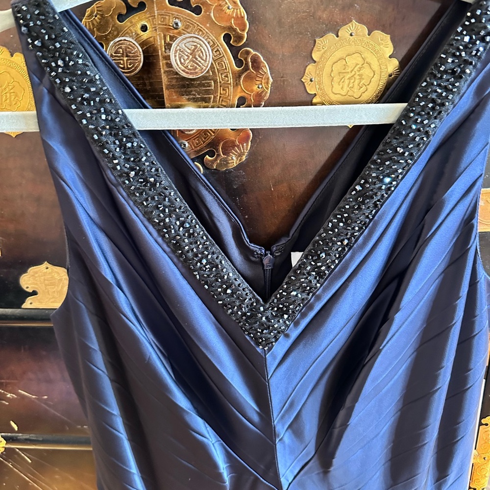 Kay Unger Navy Blue Mini Dress with Black Beaded Trim